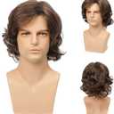 Mens Brown Wig Short Layered Curly Wavy Male Wig Synthetic Hair Wigs Heat Resistant Cosplay Halloween Party with Wig Cap