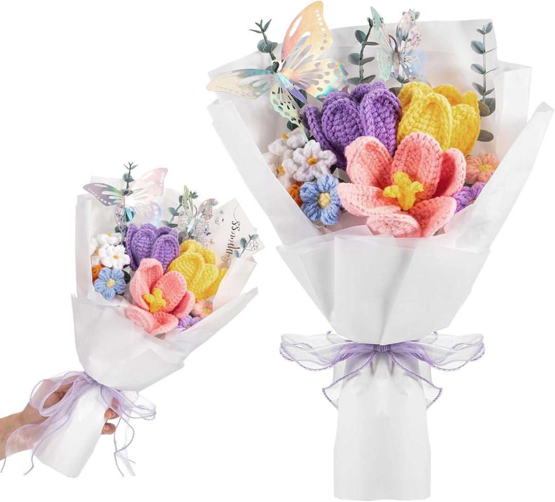 Fanfanwin Father's Day Crochet Flowers Bouquet Gifts Wedding Favors Handmade Tulips Knitted Flowers with Butterfly Card for Graduation Wife Anniversary Teacher Nurse Birthday Party(Multicolor)