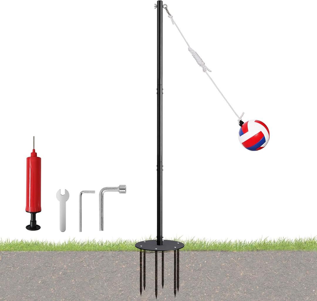 Tetherball Set with Heavy-Duty Pole (Up to 8ft), Soft-Touch Ball & 5-Prong Base - Professional Outdoor Game for Backyard, Lawn, Beach - Includes Ball, Rope