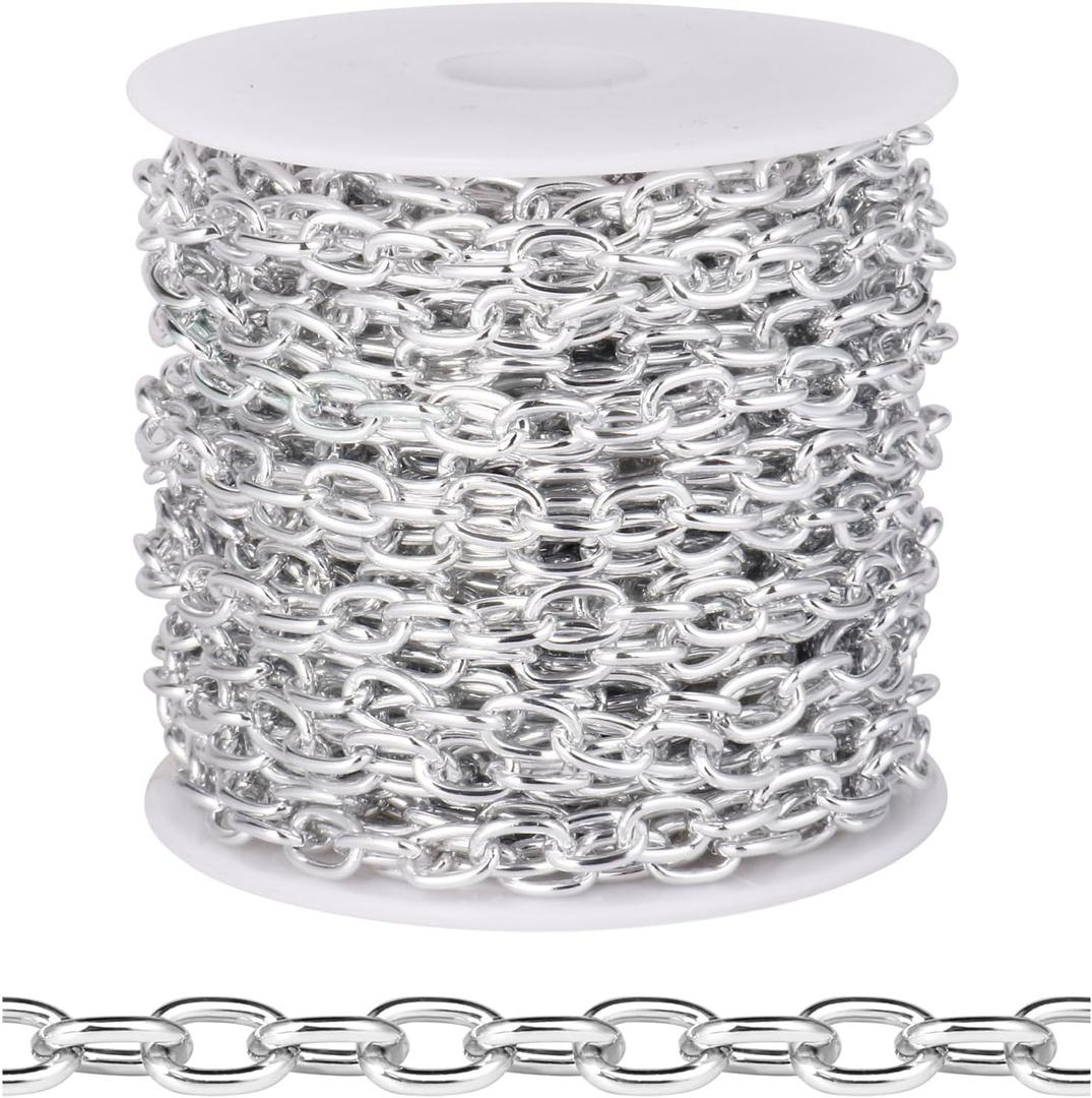 [33 FT] Silver Plated Rolo Cable Chain Bulk for Jewelry Making, 5MM Aluminum Silver Oval Cable Link Chains Roll Spool for DIY Craft Jewelry Making (5.0mm width)
