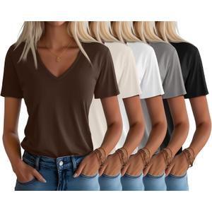 Huukeay Womens 5 Pack V Neck Basic Tees Comfortable Casual Short Sleeve T Shirts Solid Color Tops for Summer Flat Hem (Medium, Cream, Brown, White, Light Gray, Black)