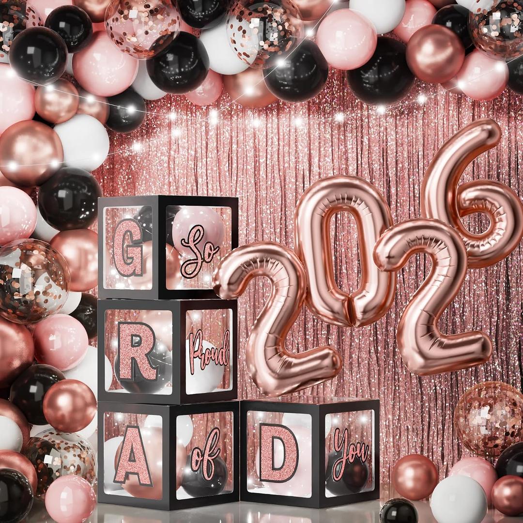 2026 Graduation Decorations - 86 PCS Graduation Party Decor Supplies Set Includes LED Light Strings Balloon Block Boxes with Letters Foil Curtains Backdrop 2026 Balloon - Black Pink Rose Gold