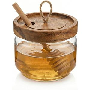 Honey Jar Pot Glass Holder Dispenser Set with Wooden Dipper Stick and Acacia Lid Cover for Home Kitchen, Clear, Modern Honey Syrup Glass Container for Storage Gift, Honey Pot and Drizzler (9 Oz)
