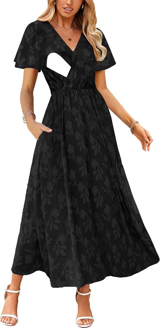 CzzzyL Women's Nursing Boho Floral Dress Flowy Casual V Neck Short Sleeve Wedding Guest with Pockets (S)