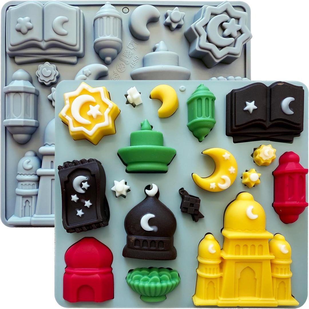 2Pcs Eid Mubarak Silicone Mold, Ramadan Chocolate Molds with Mosque Moon Star Quran Designs Eid al-Fitr Candy Mold Islamic Silicone Mold for DIY Baking Cupcake Toppers Jello Dessert Soap Resin Crafts