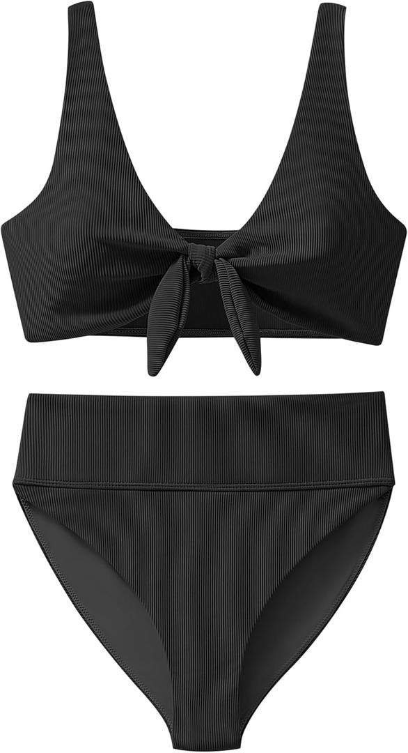 ANRABESS Bikini Sets for Women Summer High Waisted 2 Piece Bathing Suit Ribbed Tie Knot Swimsuit 2026 Beach Vacation Swimwear (Small, Black)