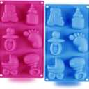2 Pack Baby Shower Themed Silicone Soap Mold, 3D Baby Carriages Bottle Little Feet Bear fondant Mold Cake Decorating Tools for Chocolate, Soap, Sugar Craft, Candy, Cupcake Topper, Polymer Clay