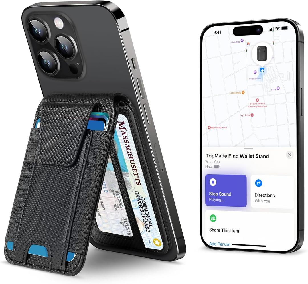 TopMade for Magsafe Wallet, Works with Apple Find My, Strongest Magnetic Wallet for iPhone 17/16/15/14/13/12 Series, Magnetic Card Holder with Adjustable Stand, 9 Cards Holder, Carbon Fiber Black