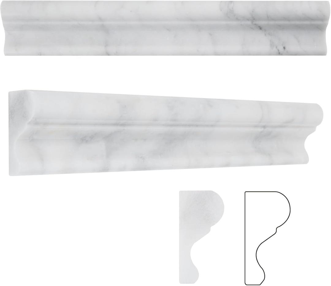 10 Pcs Carrara White Marble Chair Rail Trim Molding, 2"X12" Carrara Marble Trim for Bathroom Kitchen Shower Livingroom Walls, Polished