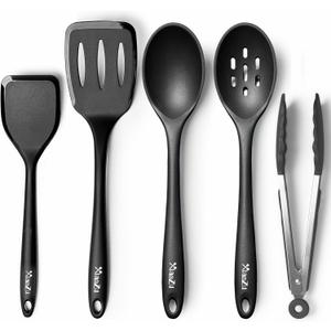 Silicone Cooking Utensils Set, Heat Resistant and large Non Stick Spatulas & Spoons for Kitchen, Ideal BPA Free Kitchen Turners for Frying, Mixing,Serving,Draining,Turning (5-Pack Utensil Set_Black)