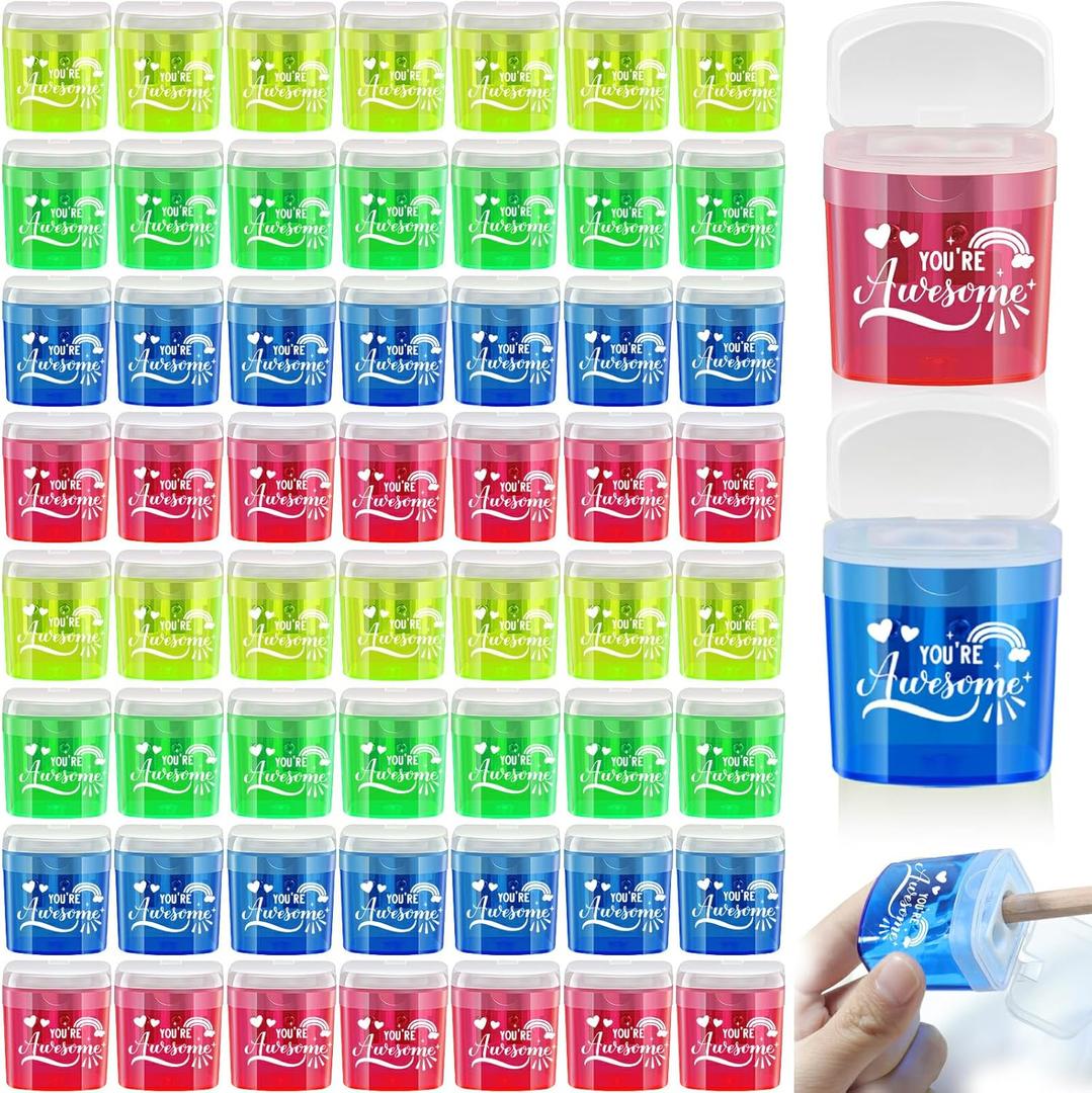 48 Pcs Pencil Sharpeners with Lid, Inspirational Back to School Student Gifts Motivational Manual Dual Holes Pencil Sharpener for Students School Graduation Supplies (48)
