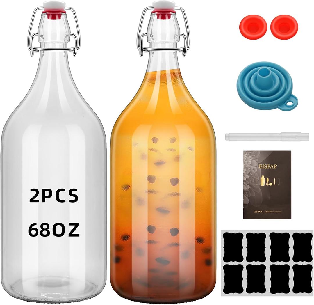 64oz Flip Top Glass Bottle 2 Liter Swing Brewing with Stopper for Beverages, Oil, Vinegar, Kombucha, Beer, Water, Soda, Kefir Airtight Lid & Leak Proof Cap Clear (clear 2 pcs)