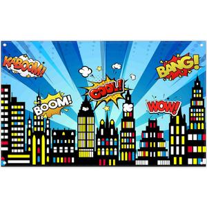 72x43inch Superhero Cityscape Backdrop American Comics Style Building Scenes Photography Background Birthday Party Cake Table Decorations Banner Photo Prop