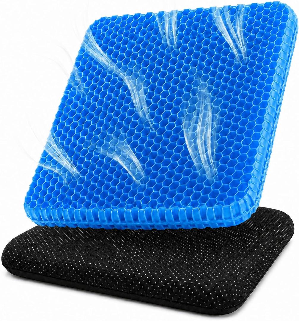 SSIITT Gel Seat Cushion for Long Sitting – Double-Layer Honeycomb Cooling Chair Pad, Thick Supportive Gel Cushion with Breathable Non-Slip Cover for Office Chair, Car, Wheelchair & Long Sitting（Blue）