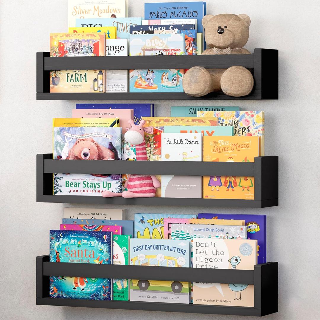 NATURE SUPPLIES Set of 3, 23" Black Floating Shelves for Wall, Kids Bookshelf for Bedroom, Nursery Storage for Rooms, Modern Wall-Mounted Display for Books, Toys, and Decor in Home or Office Spaces