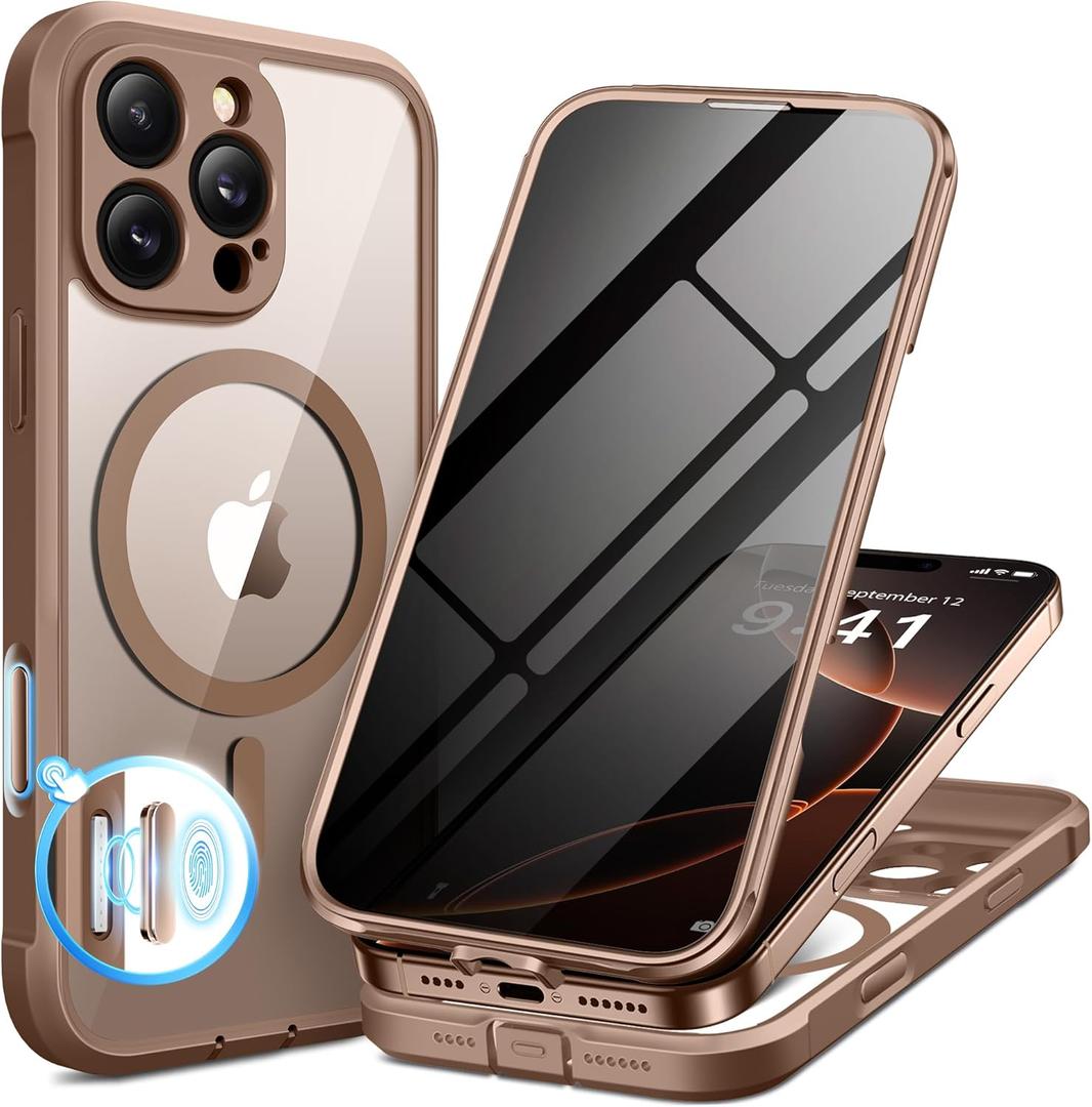BERFY for iPhone 16 Pro Max Case, Compatible with MagSafe, Built-in Privacy Screen Protector and Camera Protection, Anti-Spy Full Body Shockproof Clear Phone Case for 16 Pro Max 6.9", Desert Brown