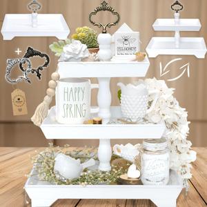 [3 in 1] 3 Tier Serving Tray - Gorgeous Coffee Table Tray (Includes 3 Handles) - Can Assemble into a 1, 2 or 3 Tier Serving Stands - Rectangle Wooden Kitchen Table Centerpiece Felt Creative Home Goods (3-tier White)