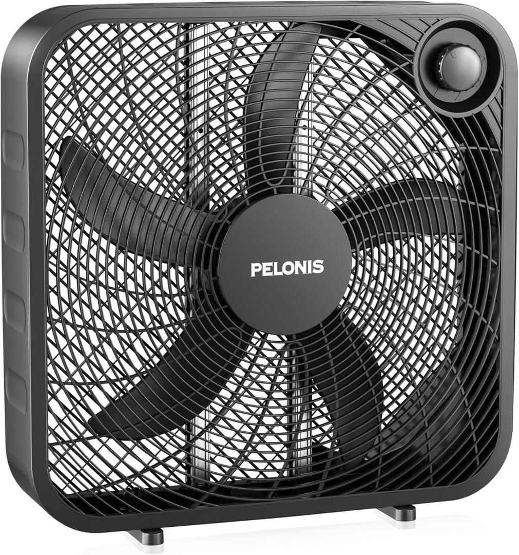 PELONIS 20 Inch Box Fan  3 Speeds, 25ft/s, Floor Fans, Superior Air Throw (2295 CFM), Lightweight, 5 Blades, Portable & Durable for Bedroom, Office, Living Room, Garage (Grey)