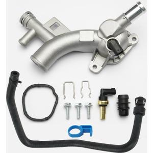 Aluminum Engine Coolant Thermostat Housing Water Outlet Kit with Coolant Reservoir Inlet Hose Compatible with 2011-2021 Chevy Cruze Sonic Trax, Buick Encore 1.4L Replaces 25193922, 902-846, 13251447
