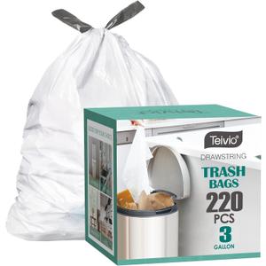 3 Gallon 220pcs Strong Drawstring Trash Bags Garbage Bags by Teivio, Bathroom Trash Can Bin Liners, Small Plastic Bags for home office kitchen, White