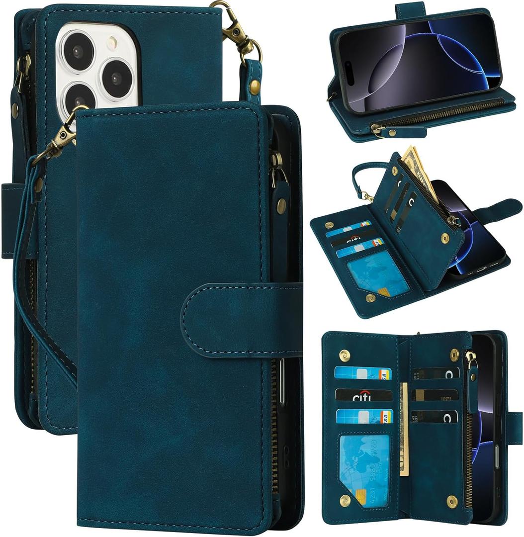 RANYOK Wallet Case for iPhone 16 Pro with RFID Blocking Card Holder, PU Leather Zipper Pocket Flip Folio Case for iPhone 16 Pro Case Wallet with Wrist Strap Kickstand Protective Case (Blue)