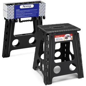 ACSTEP 16 Inch Folding Step Stool for Adults and Kids, Non-Slip Plastic Foldable Stepping Stool, Collapsible Folding Stool with Handle Holds Up to 400 Lbs for Kitchen, Dot Black (1 Pack)