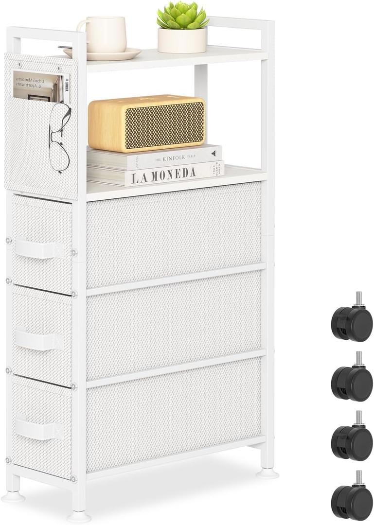 Oppro 3 Drawer Small Narrow Side End Table for Small Spaces, Slim Nightstand Bedside Sofa Table with Wheels, Space Saving Skinny Thin Couch Desk with Storage Bag for Bedroom Living Room Bathroom,White