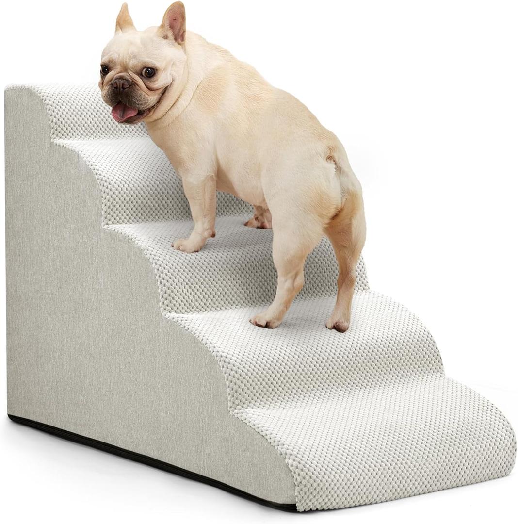 Aodisman Dog Stairs for Bed 22.4H,5-Step Dog Ramp for Small Dogs & Cats,Pet Steps for Dogs to get on High Bed, Indoor Anti-Slip Pet Stairs for Old Cats and Puppy,Light Grey