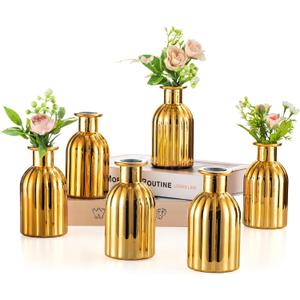 NUPTIO Bud Vases Glass Gold: 5 Pcs Small Vase Set in Bulk for Flowers - Mini Vintage Flower Bottle Single Assorted Vases for Wedding Table Centerpieces