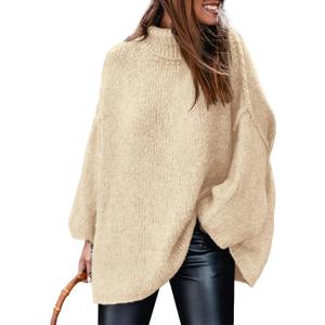 PRETTYGARDEN Women's Winter Turtleneck Oversized Sweaters Long Sleeve Chunky Knit Slouchy Pullover Sweater Tops (Beige)