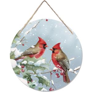 CGBHW Winter Christmas Cardinal Birds Wooden Sign, Winter Branches Berry Snowflake Snow Decoration Hanging Sign Wall Decor, Rustic Farmhouse Christmas Holiday Seasonal Wooden Sign for Home Door Decor 12 x 12 Inch (Brid)
