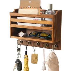 Mail and Key Organizer for Wall  Key Holder Wall Mount with Storage Box and 5 Key Hooks, Mail Holder Wall Mounted for Entryway, Apartment, Office, Home Decor Organization (Brown)