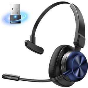 Bluetooth Headset with USB Dongle, Trucker Bluetooth Headset with AI Noise Cancelling Microphone & Mute Button, 50Hrs Single Ear Wireless Headphones for Truck Driver Phone Computer Office Work, Navy