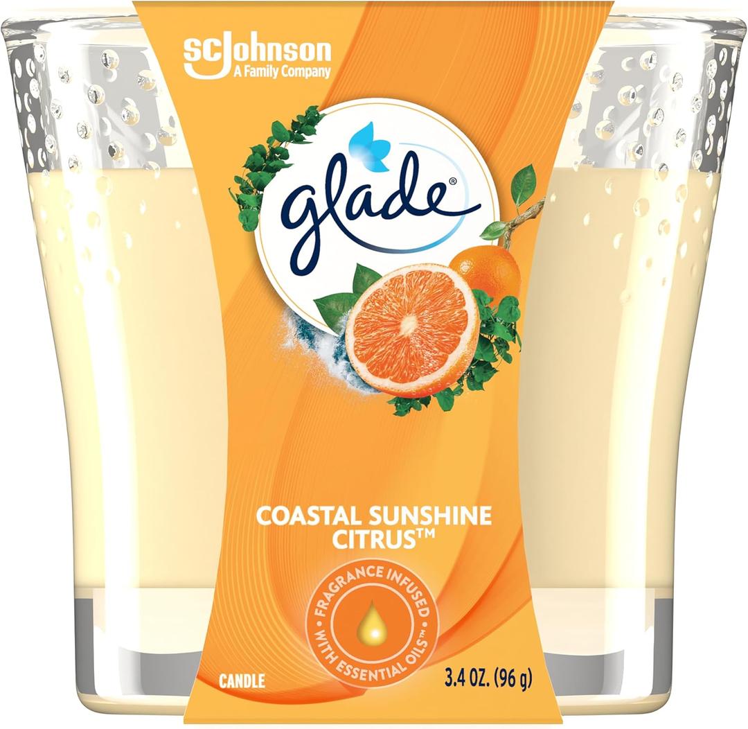 Glade Scented 1-Wick Candle Jar, Coastal Sunshine Citrus, Air Freshener Infused with Essential Oils, 3.4 Oz