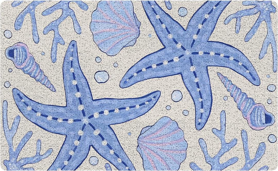 Blue Beach Door Mat, Blue Starfish Seashells Coastal Ocean Welcome Mats for Front Door, Nautical Beach Doormat Indoor Outdoor Entrance Outside Inside Entryway, 17x30 Inch