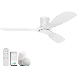 52 Wood Smart Flush Mount Ceiling Fans with Lights and Remote,Quiet DC Motor,Outdoor Indoor Ultra Low Profile Ceiling Fan works with Alexa WIFI APP,Modern White Ceiling Fan for Bedroom Patio