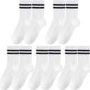 5 Pairs Solid Color Two Stripe Crew Socks Casual Athletic Socks for women Girls (6-10, White)