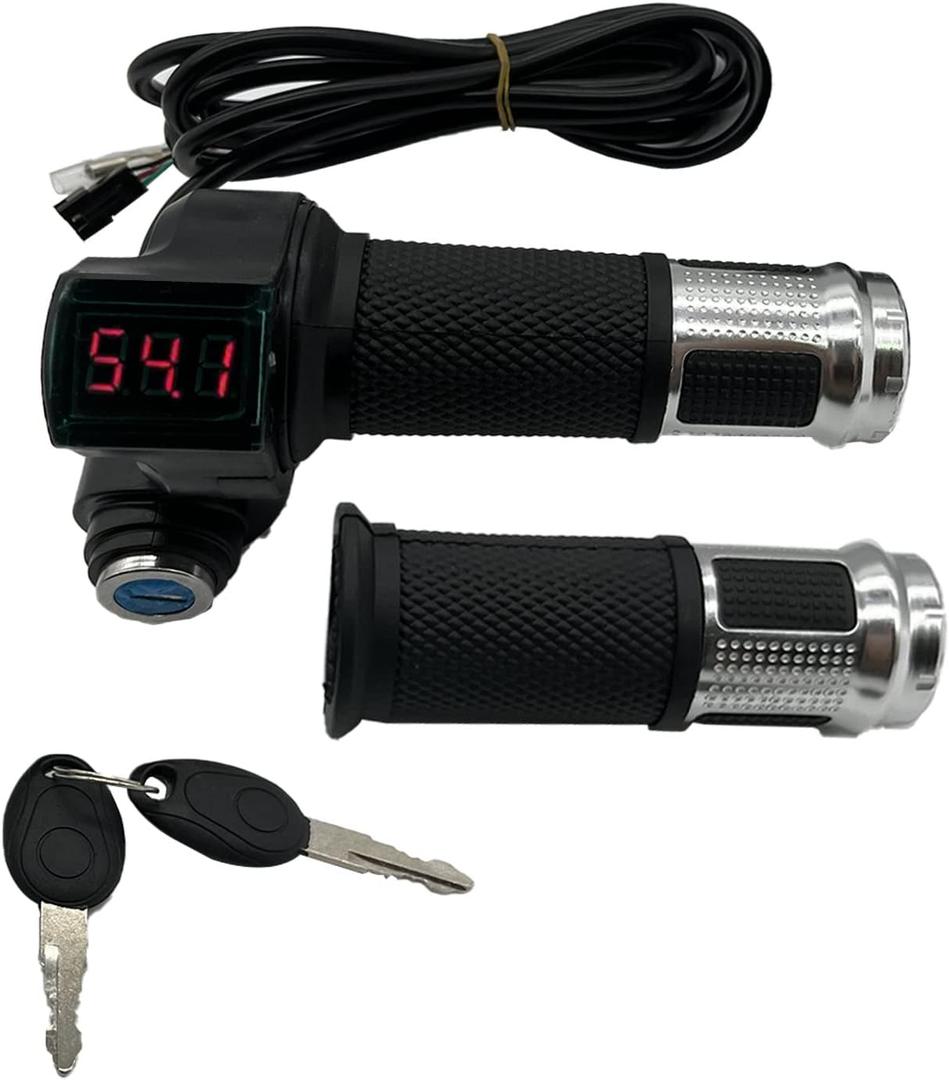 1 Pair EBike Throttle Grip, Universal Electric Bicycle Scooter Twist Handlebar with LCD Battery Voltage Display Key Knock, 12V-84V Electric Bike Throttle Grip for Motorbike Motorcycle E-Bike