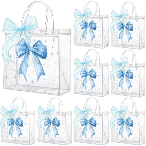 Wesnoy 24 Pcs Blue Bow Clear PVC Gift Bags with Handles Coquette Bowknot Party Favor Candy Treat Tote Bags for Birthday Party Supplies (Bow)