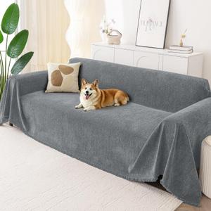 Smiry Couch Cover for Dogs, Washable Chenille Sofa Covers for 3 Cushion Couch, Soft Sofa Slipcover for Pets, Thick Sectional Furniture Protector with Tassels (Grey, 88.5x118 Inch)