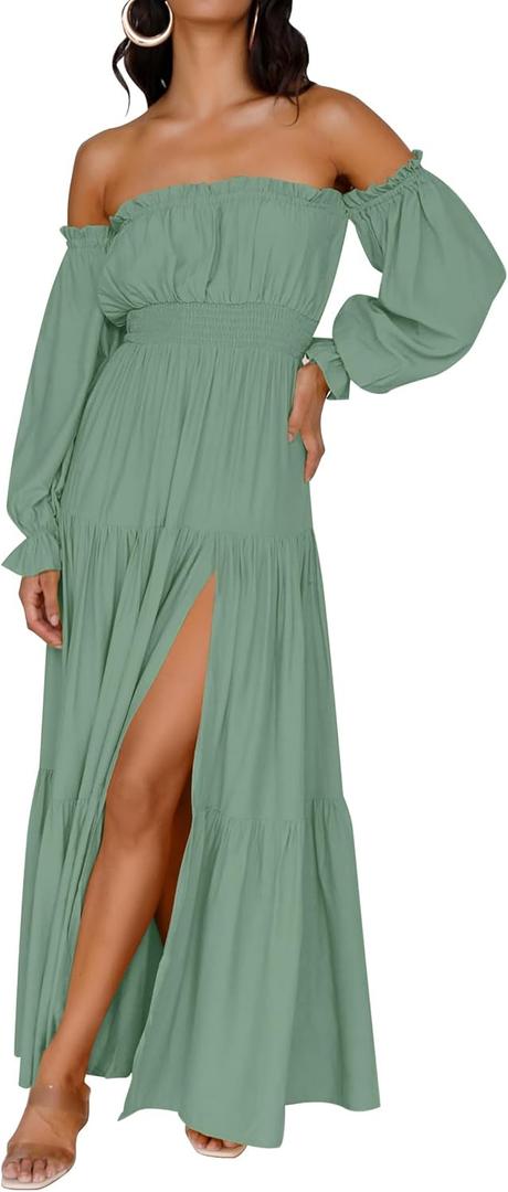 ZESICA Women's 2024 Boho Sexy Off Shoulder Long Sleeve Smocked High Waist Side Split Flowy A Line Tiered Long Maxi Dress, Green, Large
