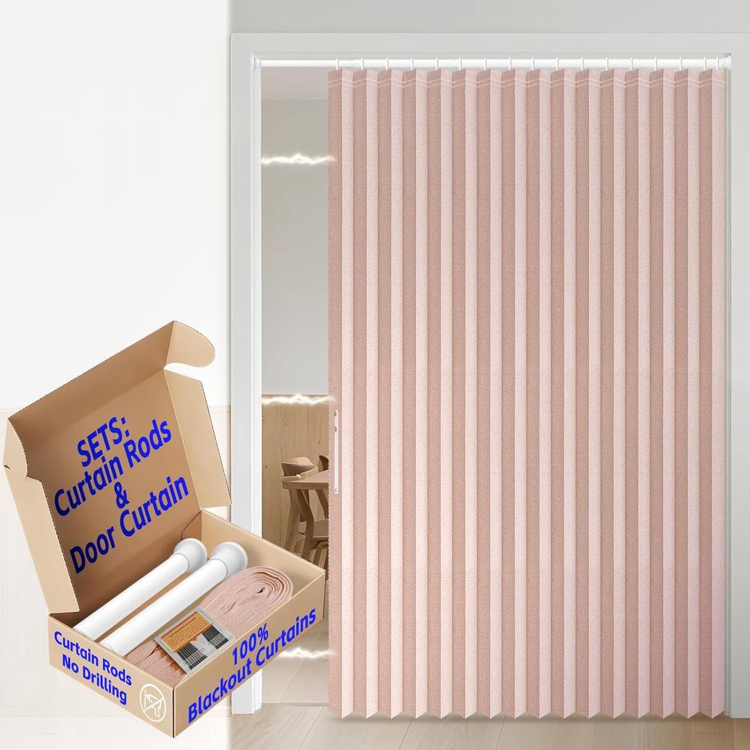 AJAZZ 100% Blackout Accordion Doors Interior Magnetic Door Curtain Front Door Curtains for Glass Window Sets (1 Pack, 74 W x 78 L, Pink+Rod)