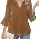 Furnex Trendy Tops for Women 2025: Dressy Casual - 3/ 4 Length Sleeve Blouses - Plus Size Peasant Tops Loose Fits V Neck Shirts Flowy Floral Print Office Business Work Fashion Tunic Dark Coffee L
