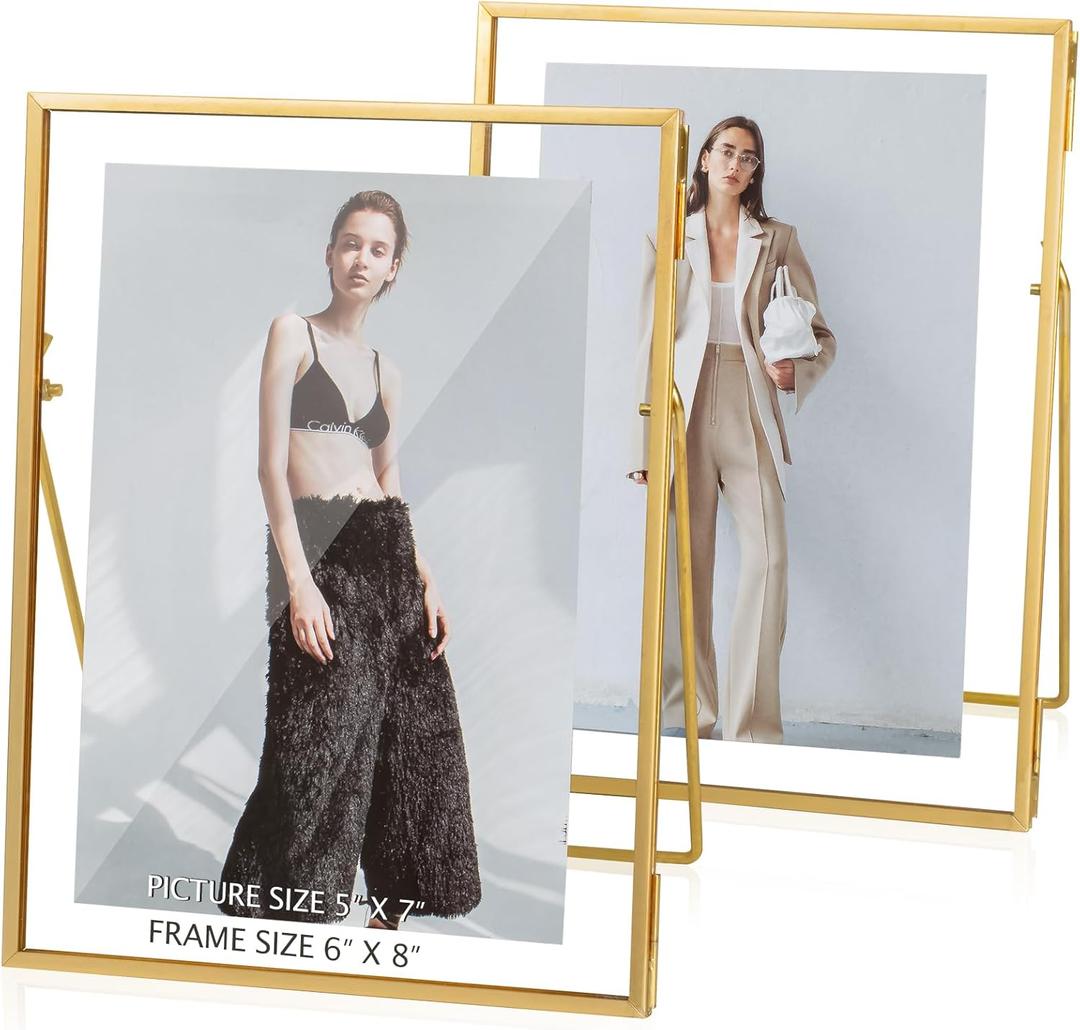 Gold Picture Floating Frame, Set of 2 Pressed Glass Floating Frames, 6 x 8 Standing Gold Picture Frame for 5x7, 4x6, 3x5 Photo Tabletop Display