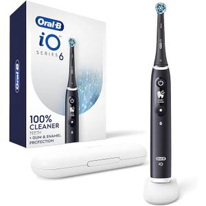 Oral-B iO Series 6 Rechargeable Electric Toothbrush with Visible Pressure Sensor to Protect Gums, 2 Minute Timer, 5 Cleaning Settings, 1 Replacement Toothbrush Head, and Travel Case, Black
