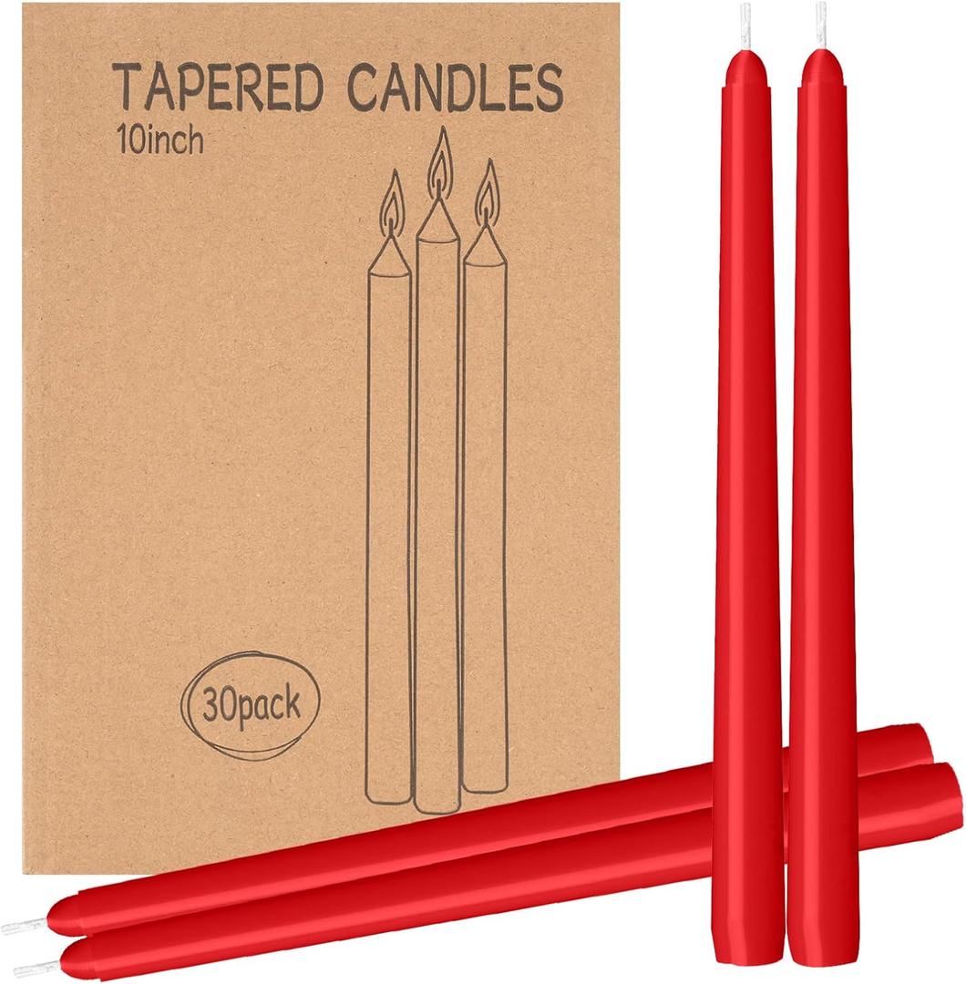 LYOBATH 30 Pack Red Taper Candles - Taper Candles 10 Inch Dripless, Smokeless & Unscented - 8 Hours Long Burning - Hand Poured Tall Candlesticks - Ideal for Weddings, Dinner Parties, and Home Decor