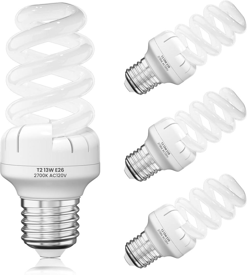 Lustaled E26 CFL Light Bulbs, T2 Spiral 13W(60W Equivalent) Compact Fluorescent Bulbs Soft White 2700K, Non Dimmable Energy Saving Light Bulbs for Ceiling Fan, Bathroom, Office, Desk/Floor Lamp-4PCS