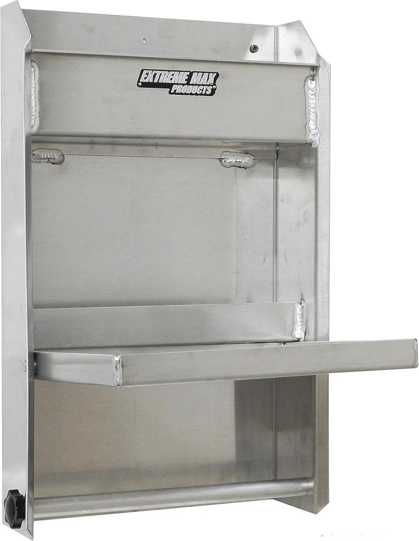 Extreme Max 5001.6053 Junior Aluminum Work Station Storage Cabinet Flip-Out Work Tray with Paper Towel Rack Organizer for Enclosed Race Trailer Shop Garage Storage,Silver