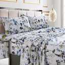 Tribeca Living California King Bed Sheet Set, 300 Thread Count Soft Cotton Sateen, Floral Print with Extra Deep Pockets, 4-Piece Bedding Set, Amalfi Blue/Multicolor