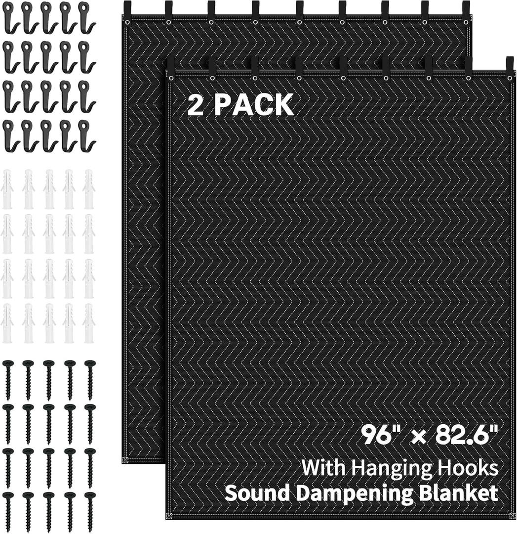2 PCS Large Sound Dampening Blanket,96" x 80" Sound Absorbing Studio,Noise Cancelling Studio Acoustic Blanket/Light Blocker/Moving Curtain